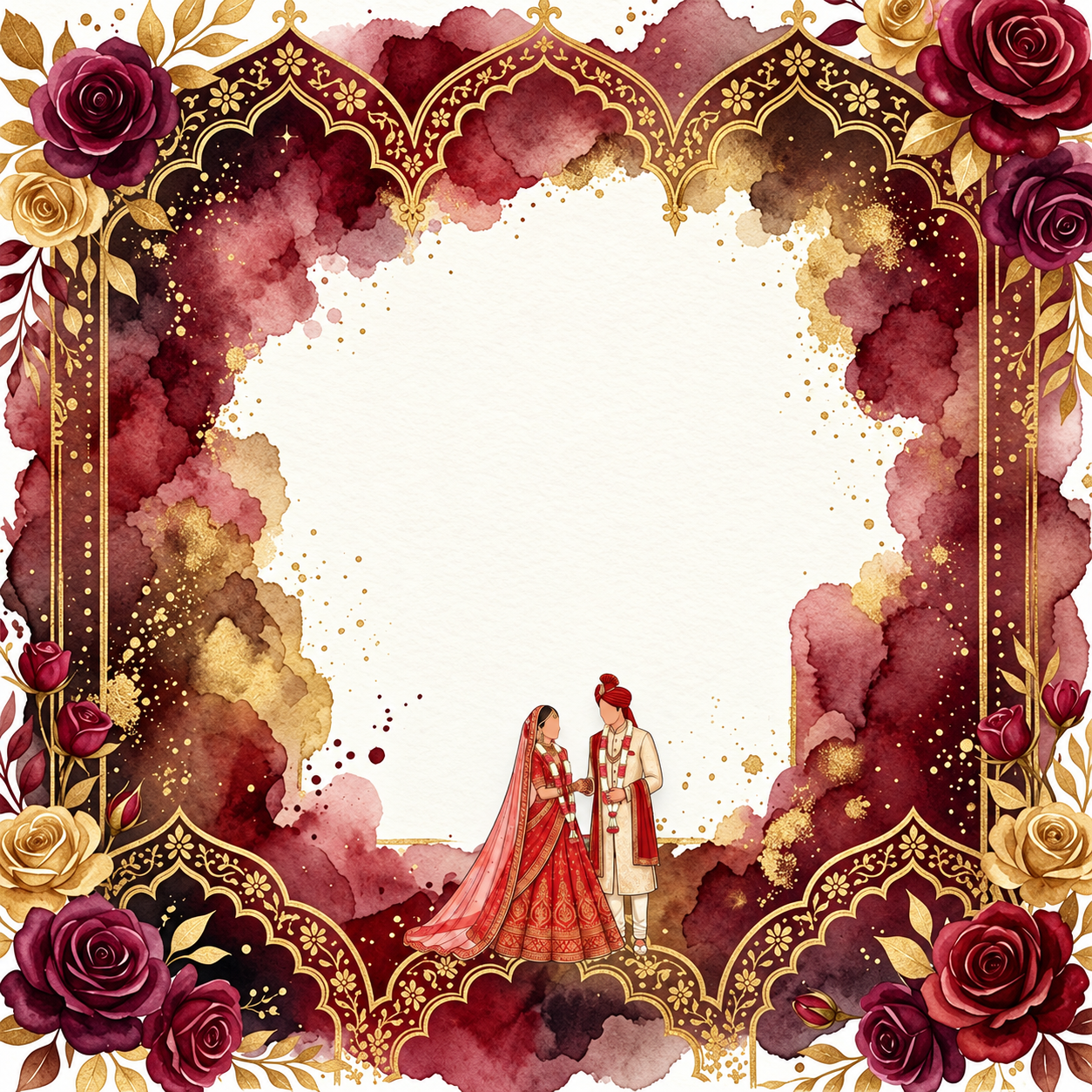 Burgundy and gold floral arches surrounding an illustrated wedding couple